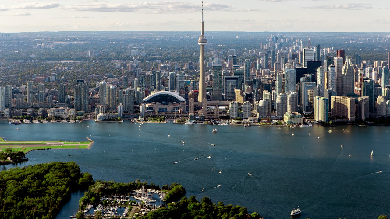 Toronto's skyline and the CN Tower seen across the harbour on a clear day